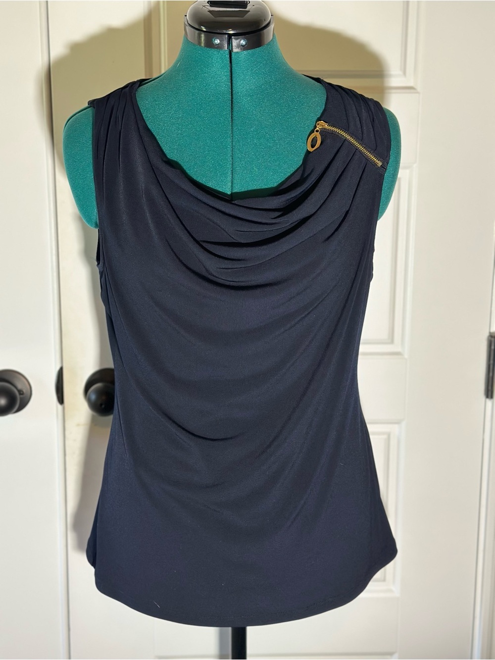Ivanka Trump 
Navy Blue Draped Cowl Neck Sleeveless Top with Gold Zip